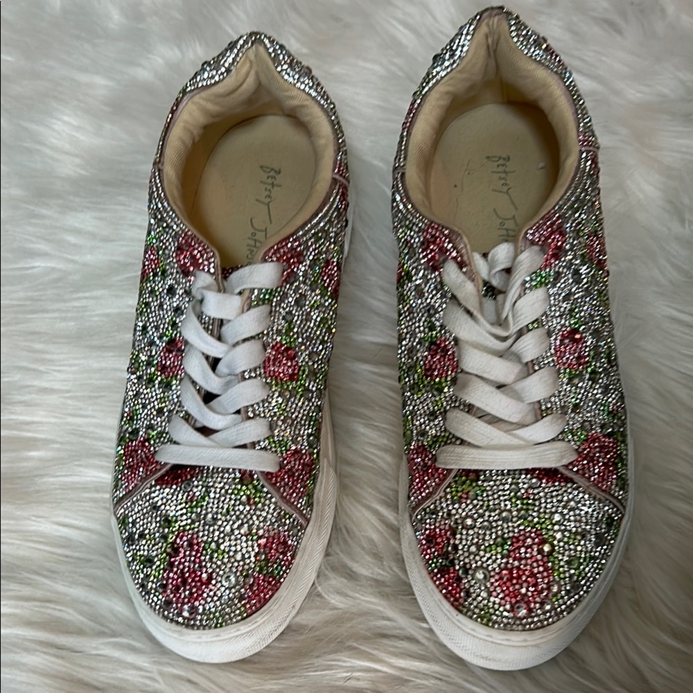 Betsey Johnson Crystal Floral Lace-Up Sneakers - White with Pink & Green